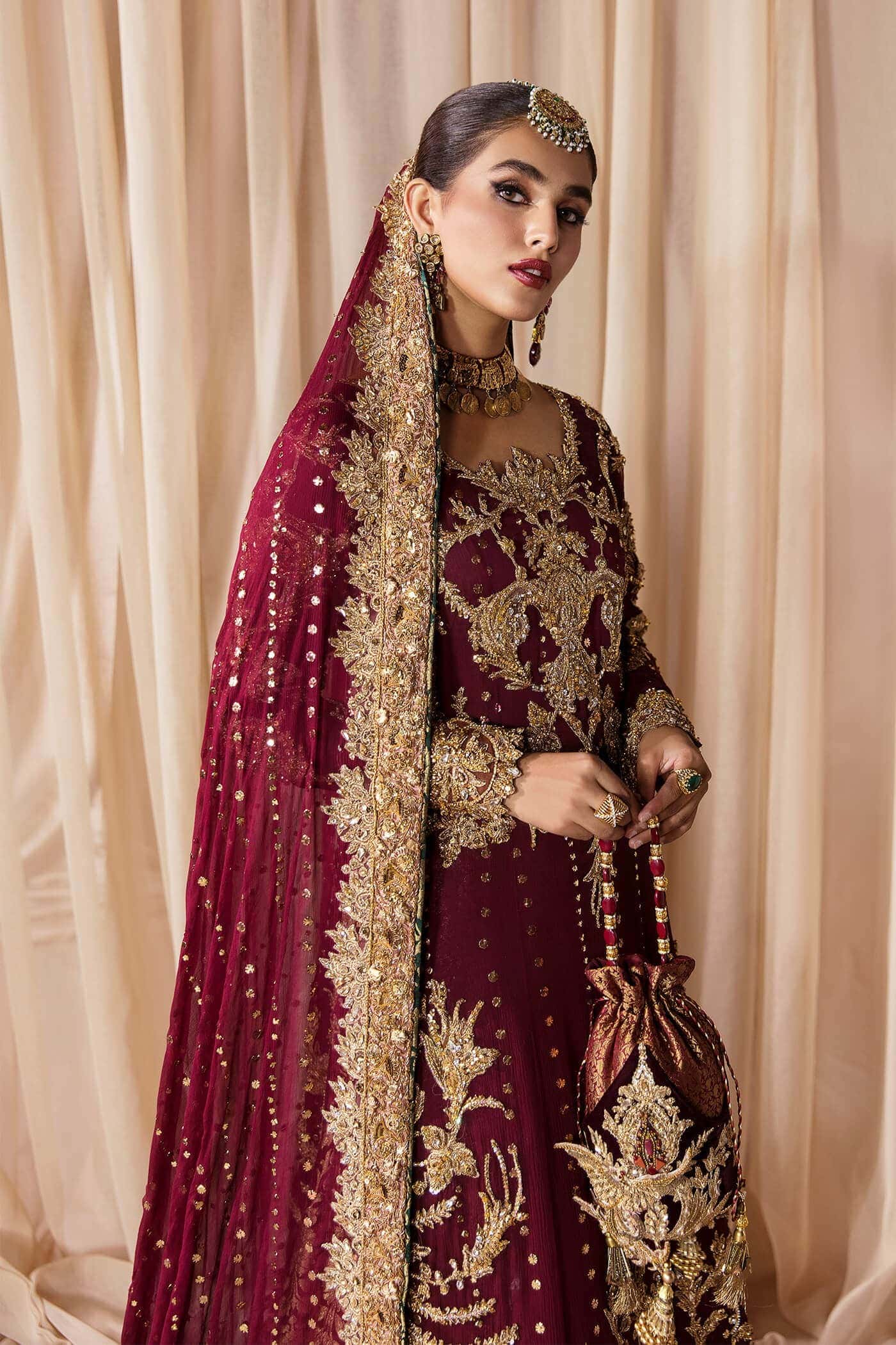 Pakistani Cherry Wine Zardozi Chiffon Gharara (3-Piece) - Image 3