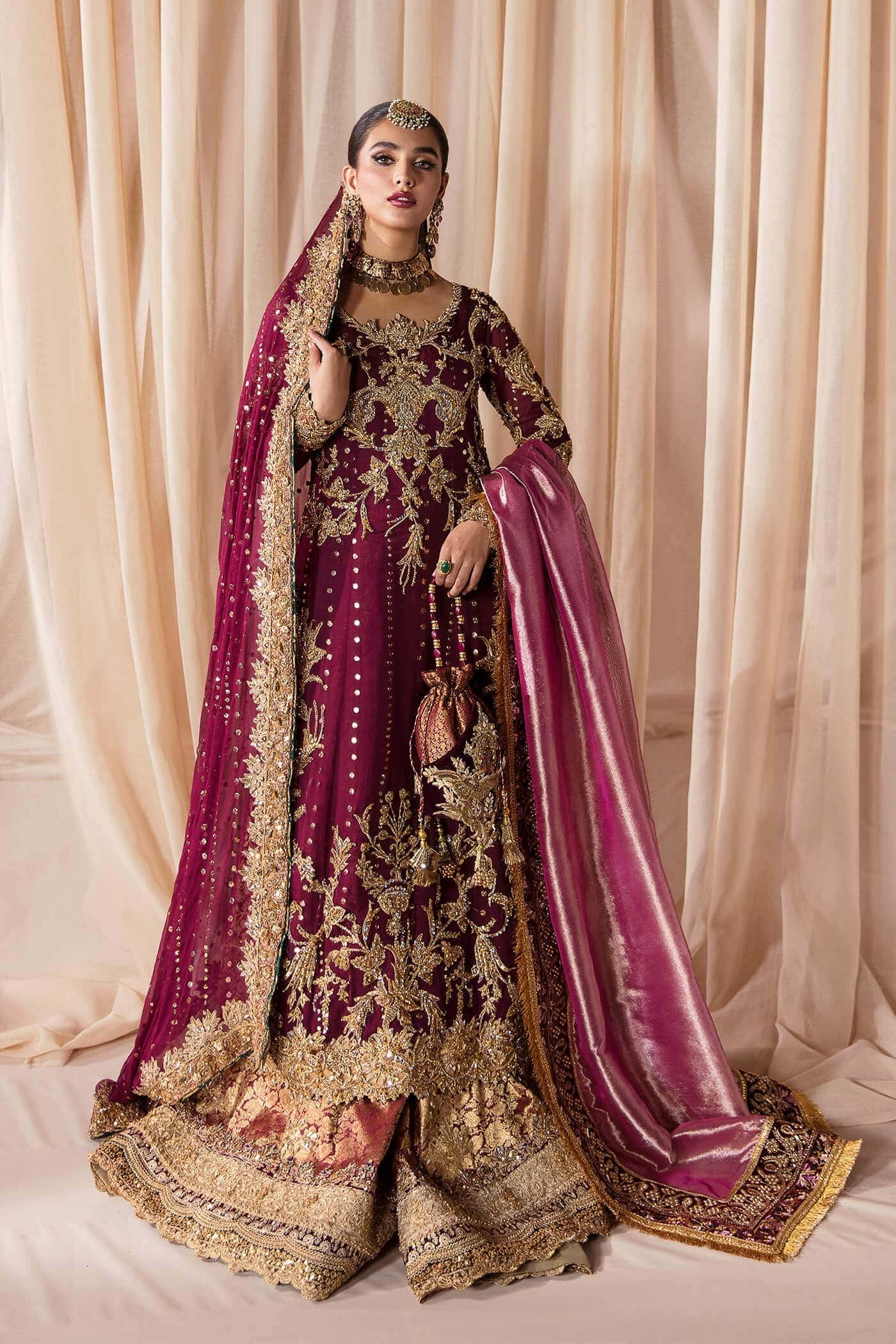 Pakistani Cherry Wine Zardozi Chiffon Gharara (3-Piece) - Image 4
