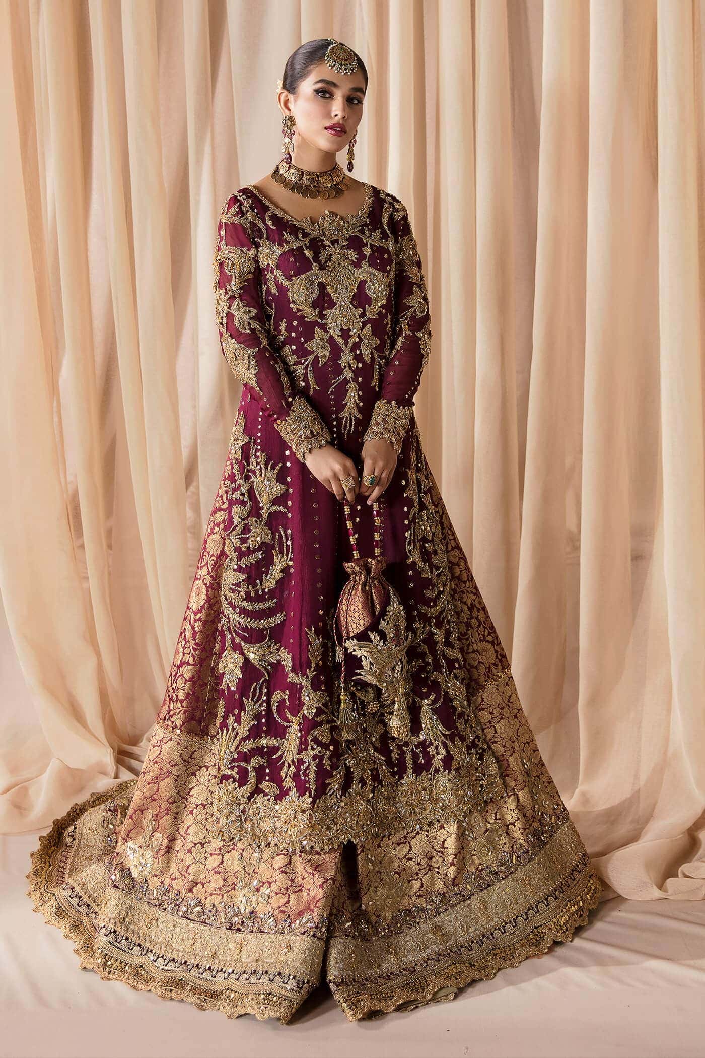 Pakistani Cherry Wine Zardozi Chiffon Gharara (3-Piece) - Image 5