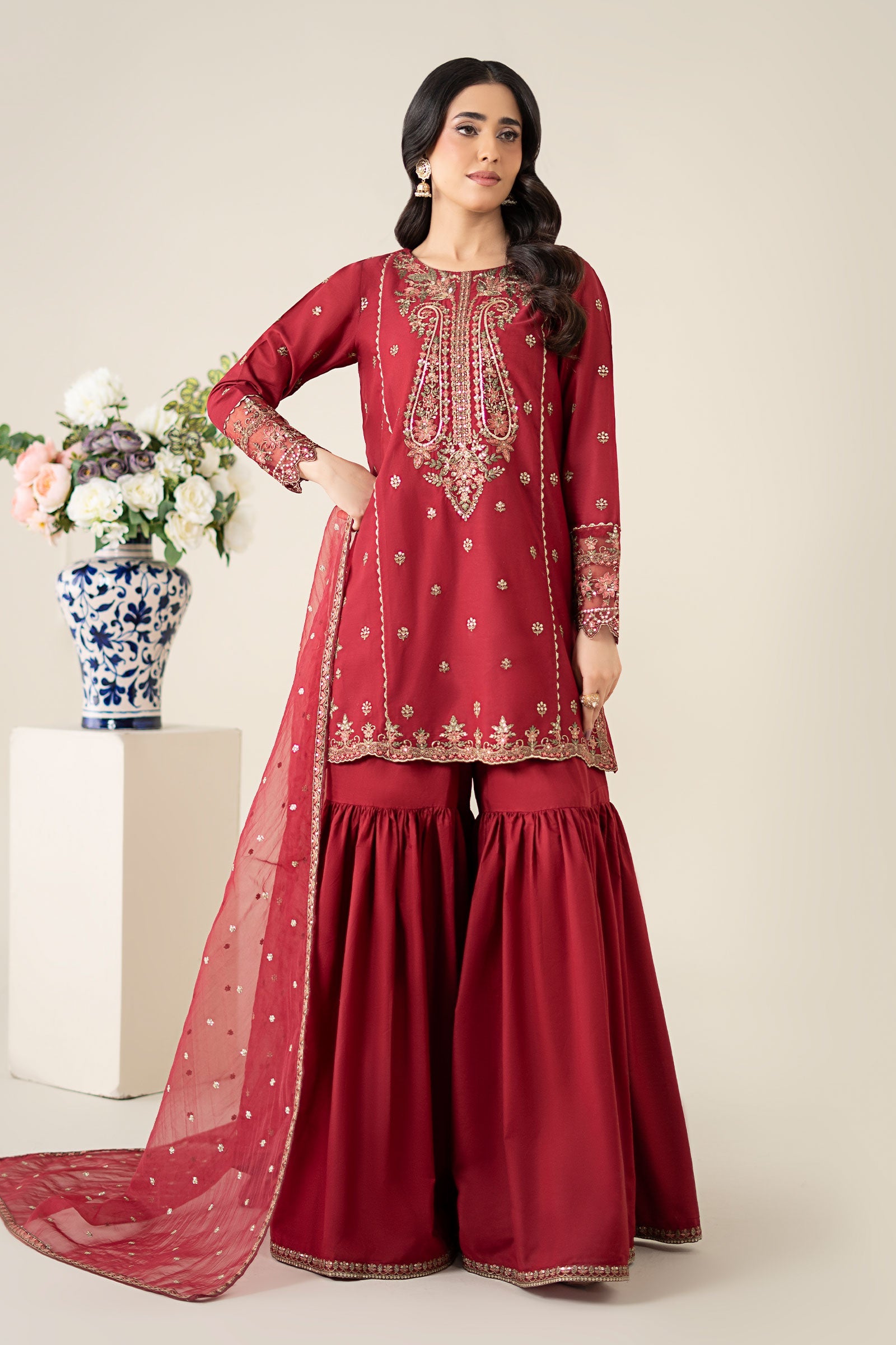 Maroon Embroidered Lawn Gharara Set (3-Piece) - Image 1