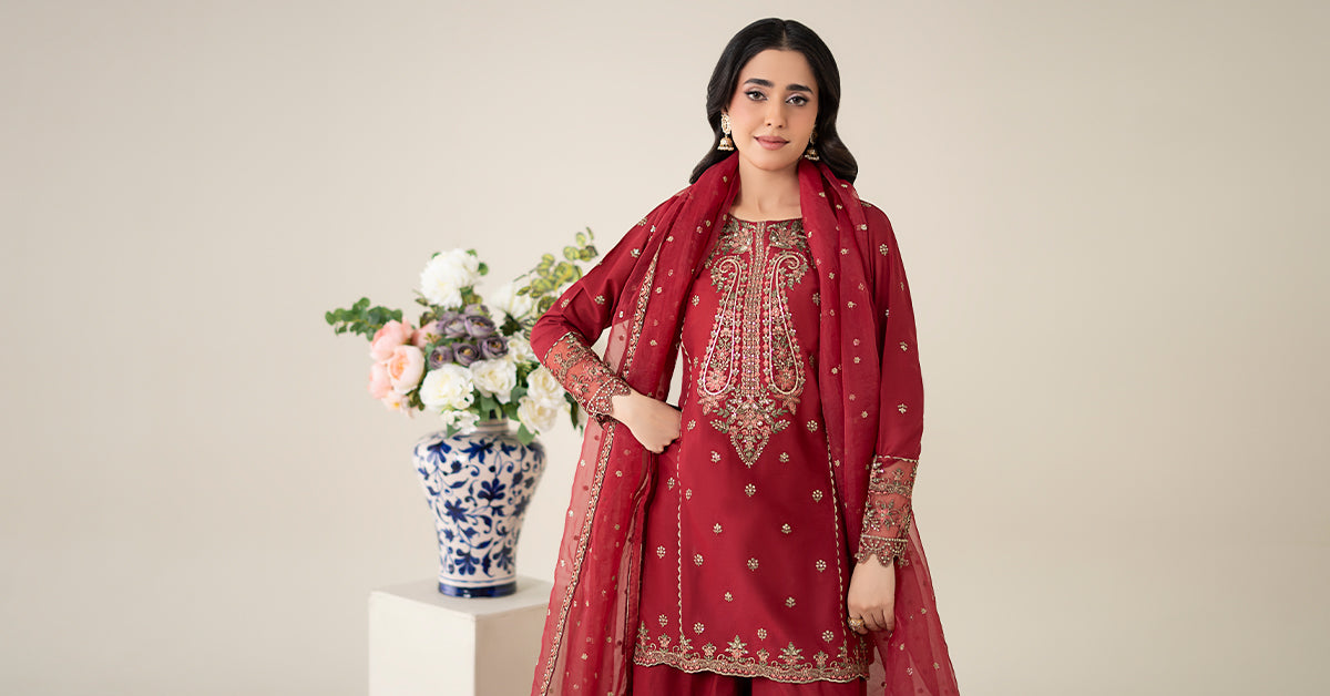 Maroon Embroidered Lawn Gharara Set (3-Piece) - Image 10