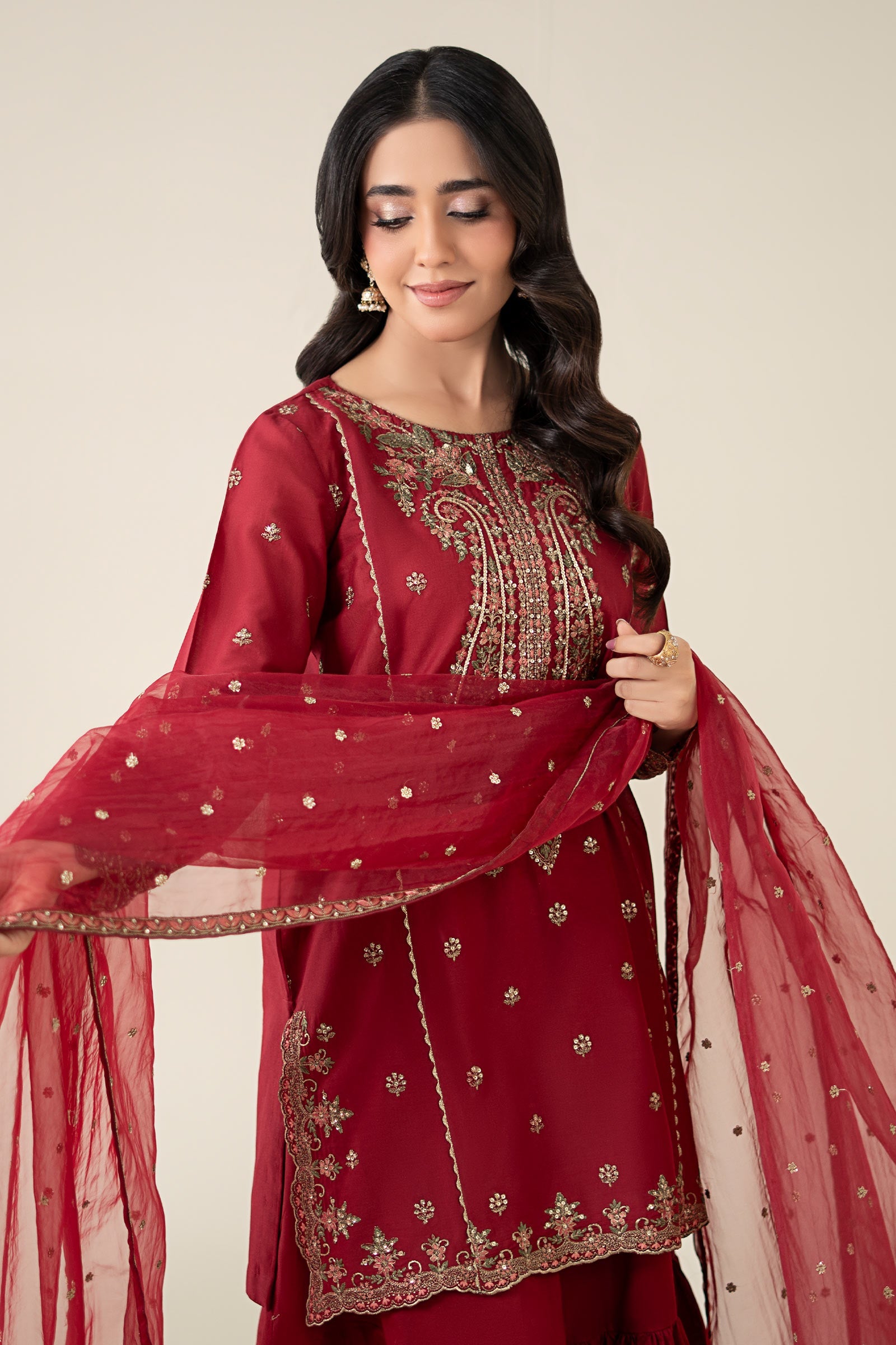 Maroon Embroidered Lawn Gharara Set (3-Piece) - Image 2