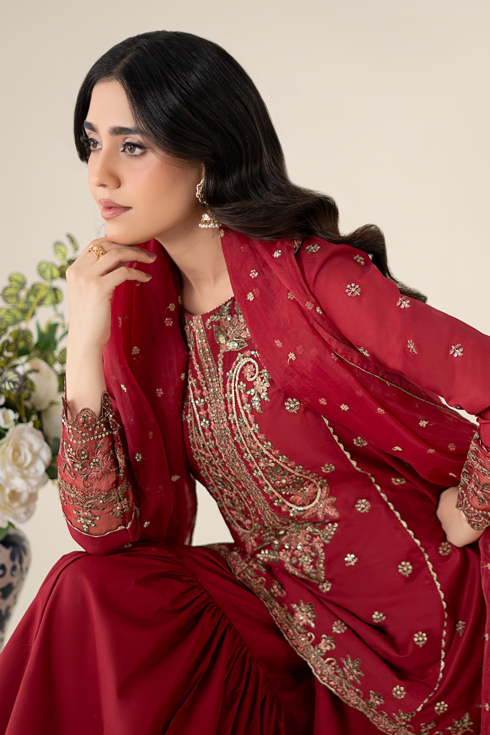Maroon Embroidered Lawn Gharara Set (3-Piece) - Image 3