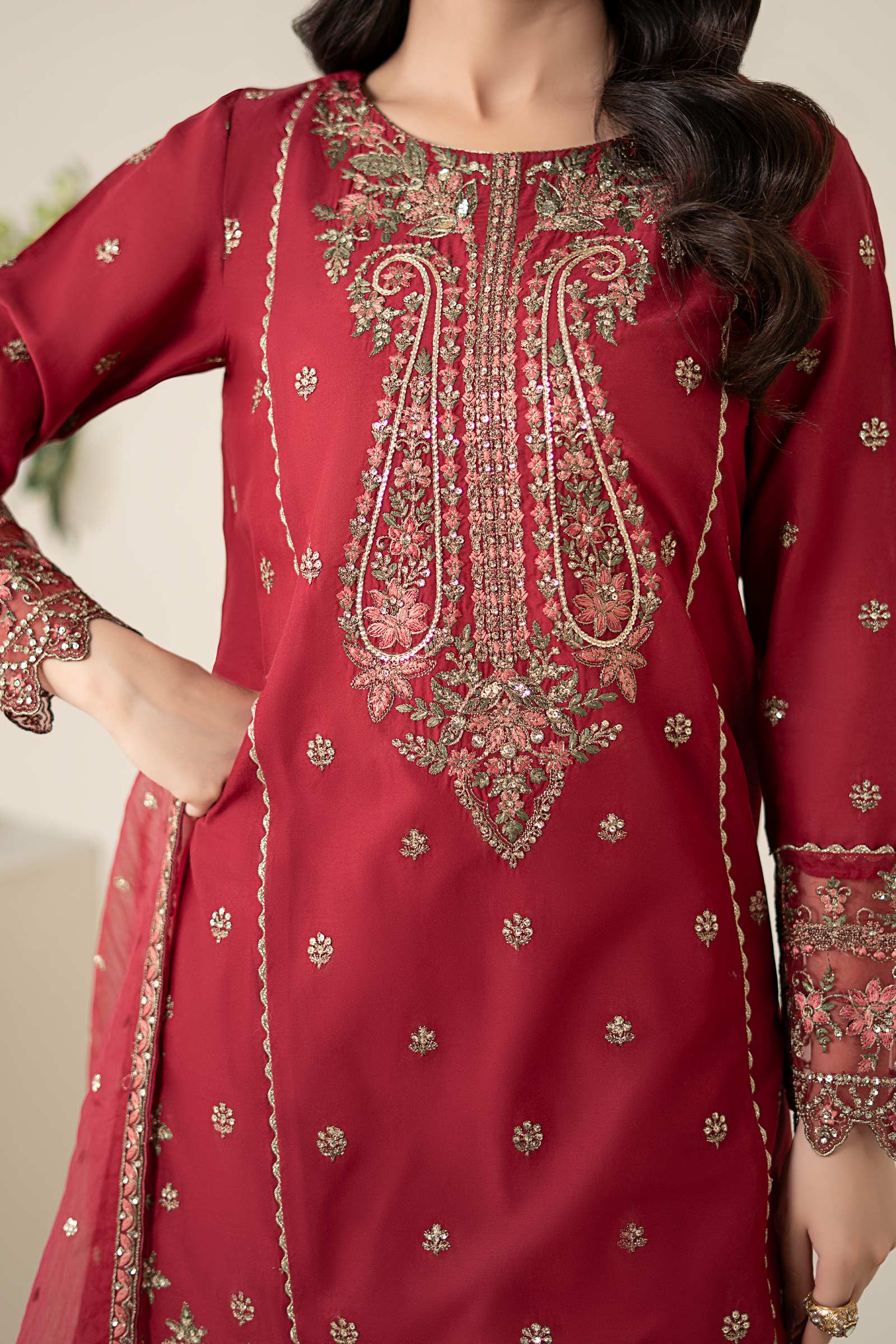Maroon Embroidered Lawn Gharara Set (3-Piece) - Image 5