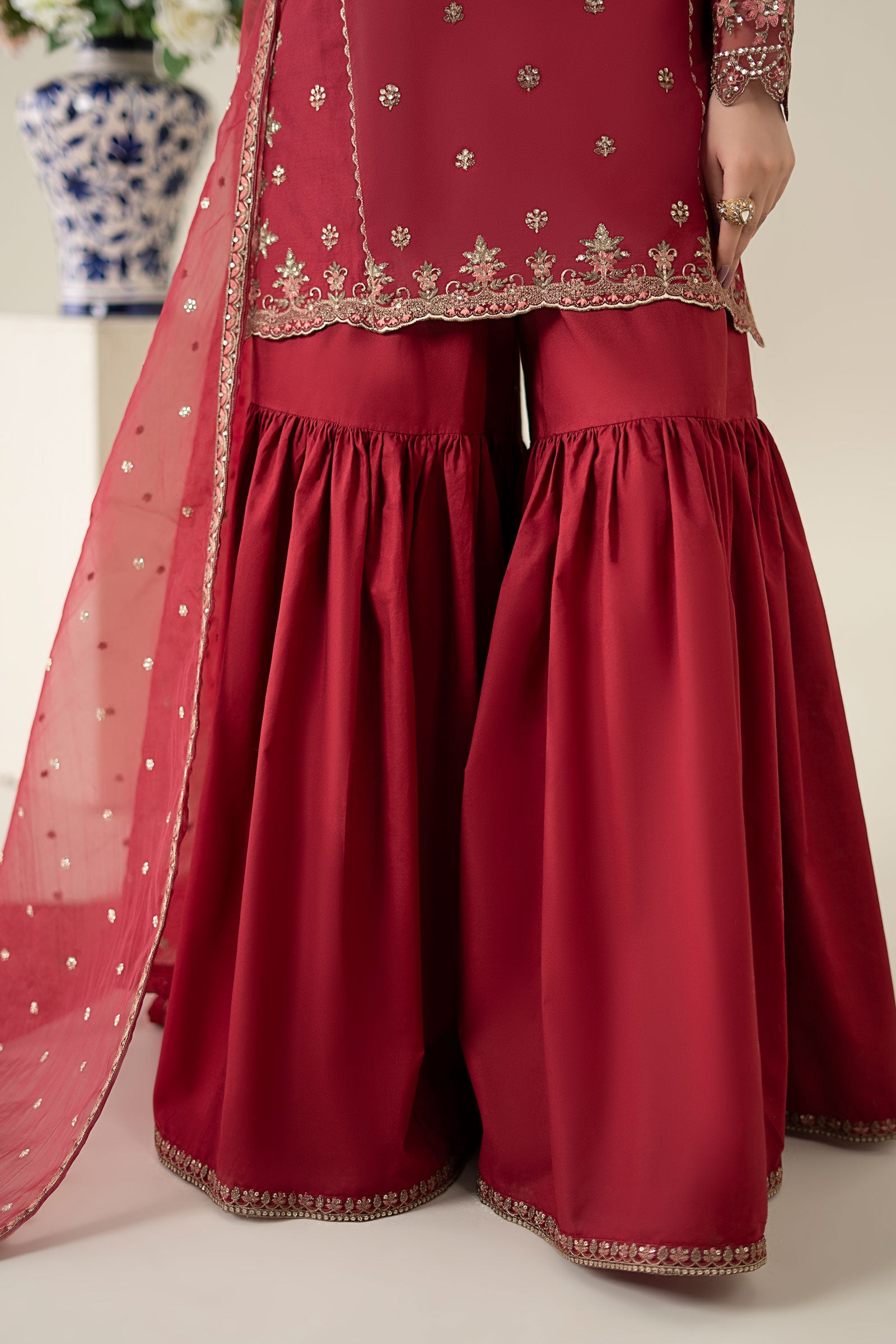 Maroon Embroidered Lawn Gharara Set (3-Piece) - Image 6