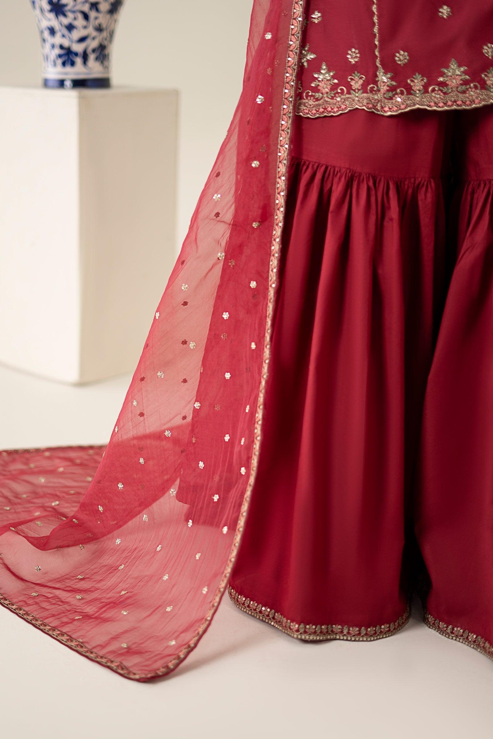 Maroon Embroidered Lawn Gharara Set (3-Piece) - Image 7