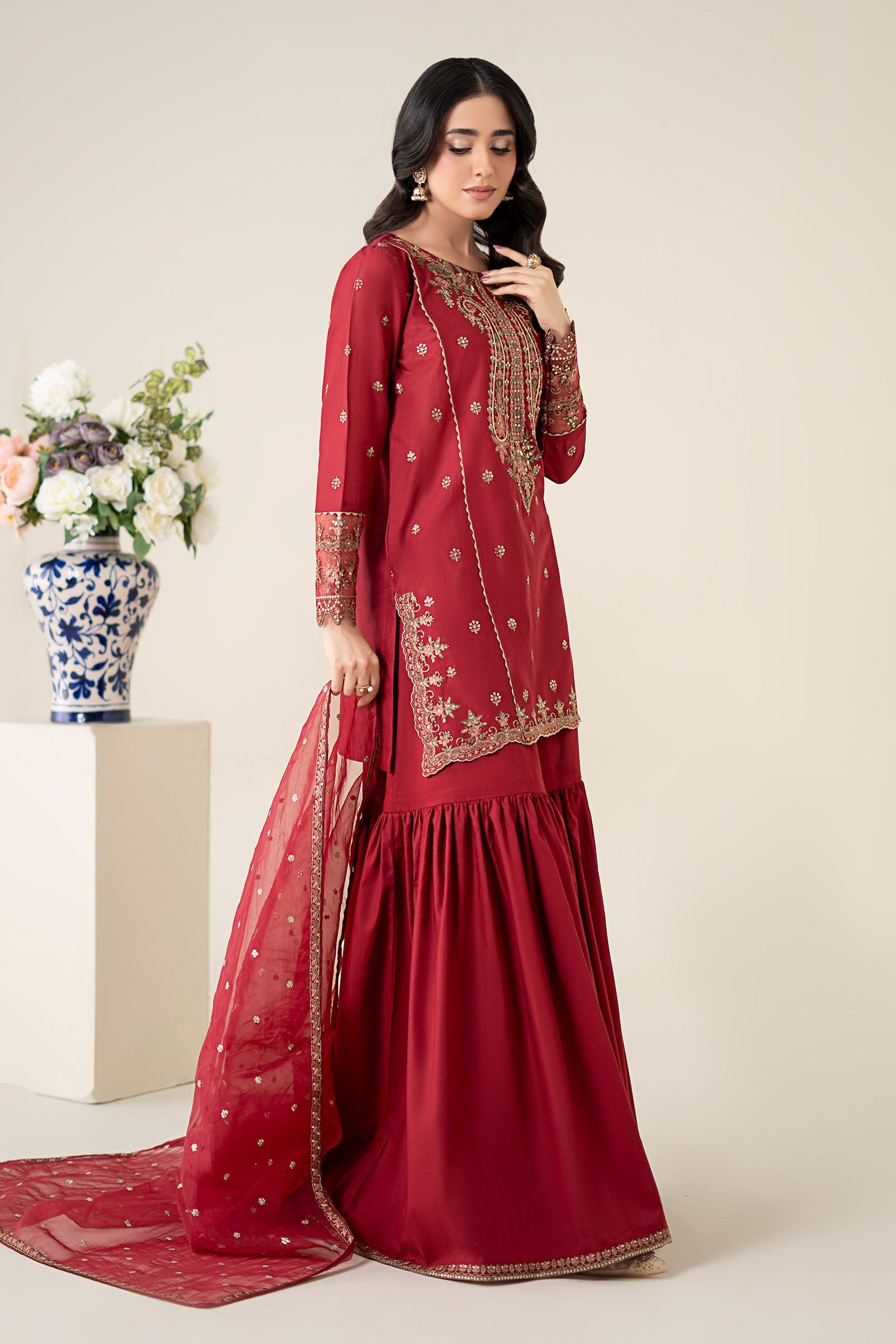 Maroon Embroidered Lawn Gharara Set (3-Piece) - Image 8