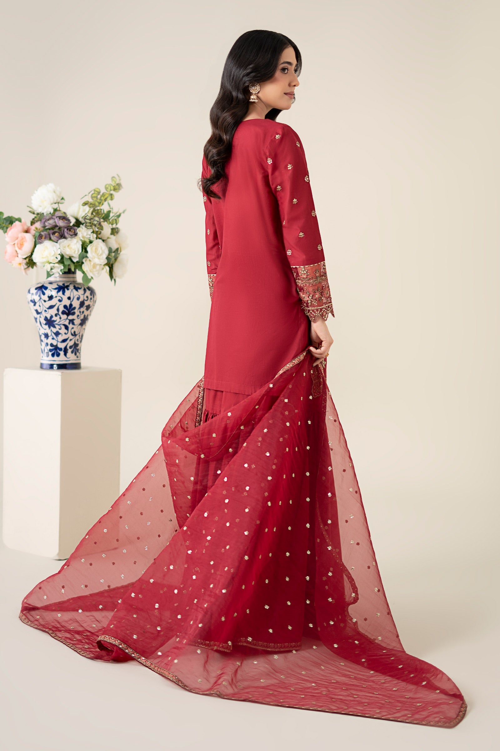 Maroon Embroidered Lawn Gharara Set (3-Piece) - Image 9