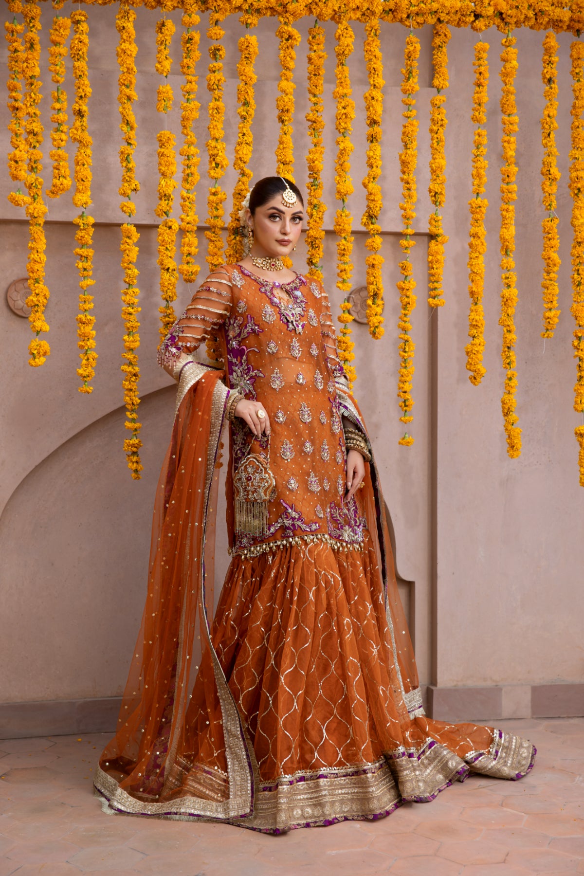 Pakistani Rust Embroidered Pure Organza Peshwas Gharara (3-Piece) - Image 1