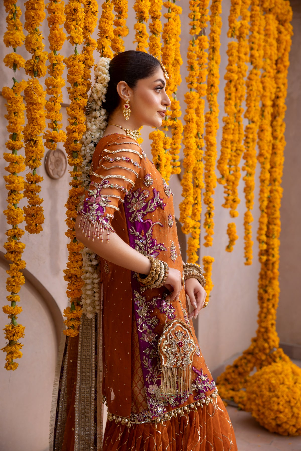 Pakistani Rust Embroidered Pure Organza Peshwas Gharara (3-Piece) - Image 2