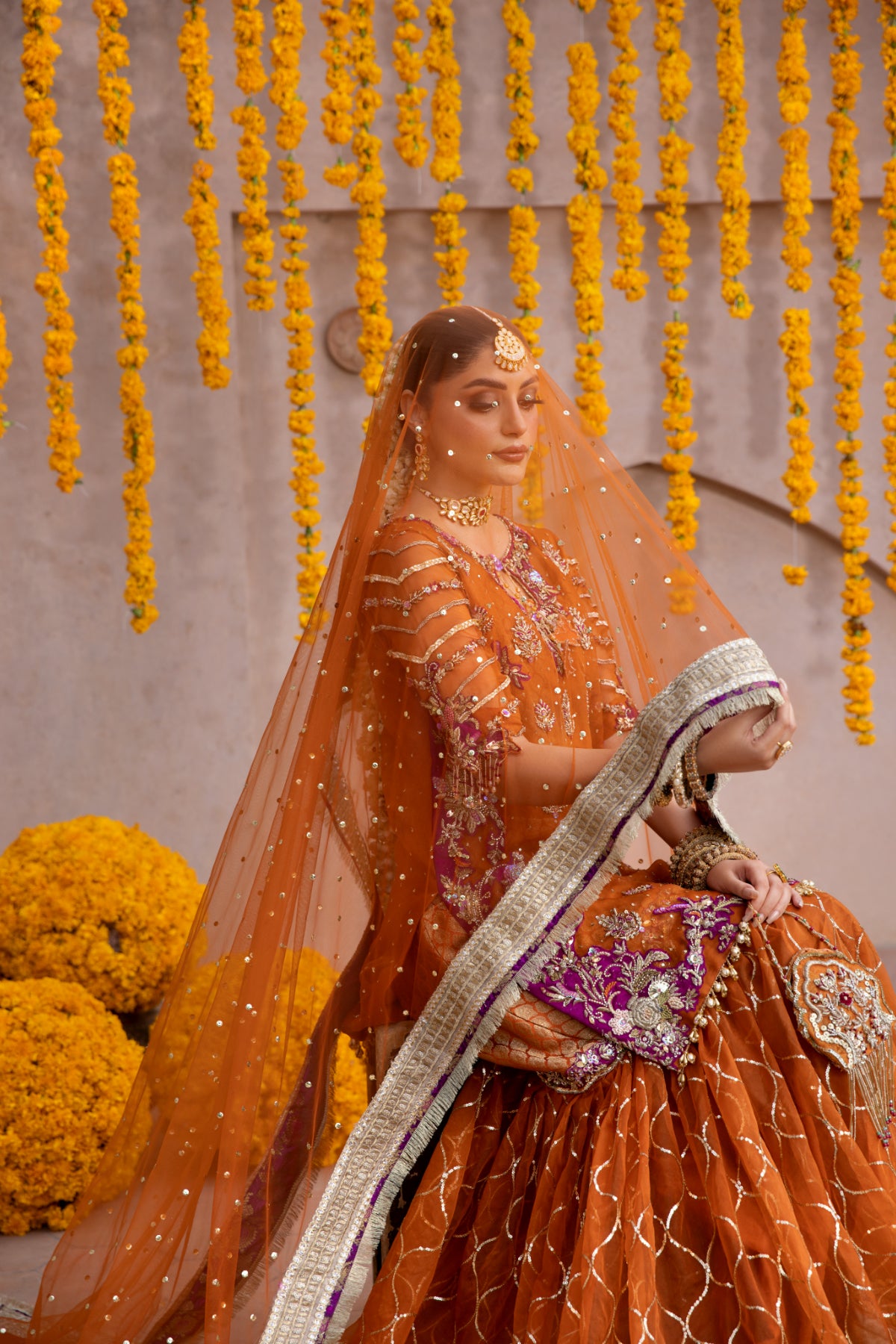 Pakistani Rust Embroidered Pure Organza Peshwas Gharara (3-Piece) - Image 6