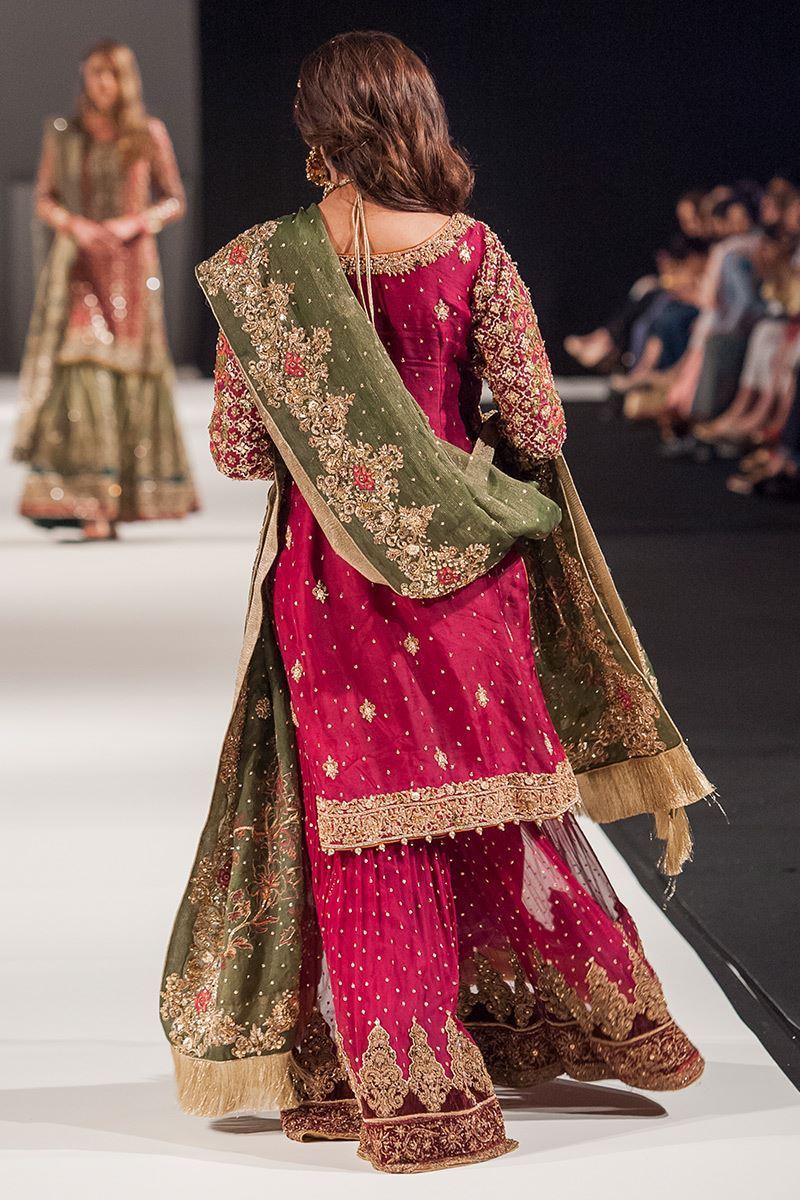 Red Plum Embroidered Organza Bridal Gharara (3-Piece) - Image 4