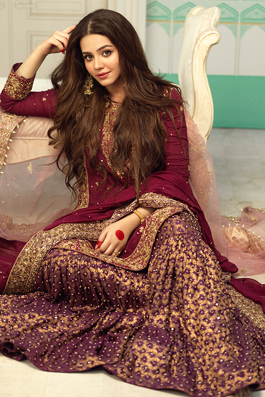Pakistani Maroon Embellished Raw Silk Kameez with Plum Gharara (3-Piece) - Image 4
