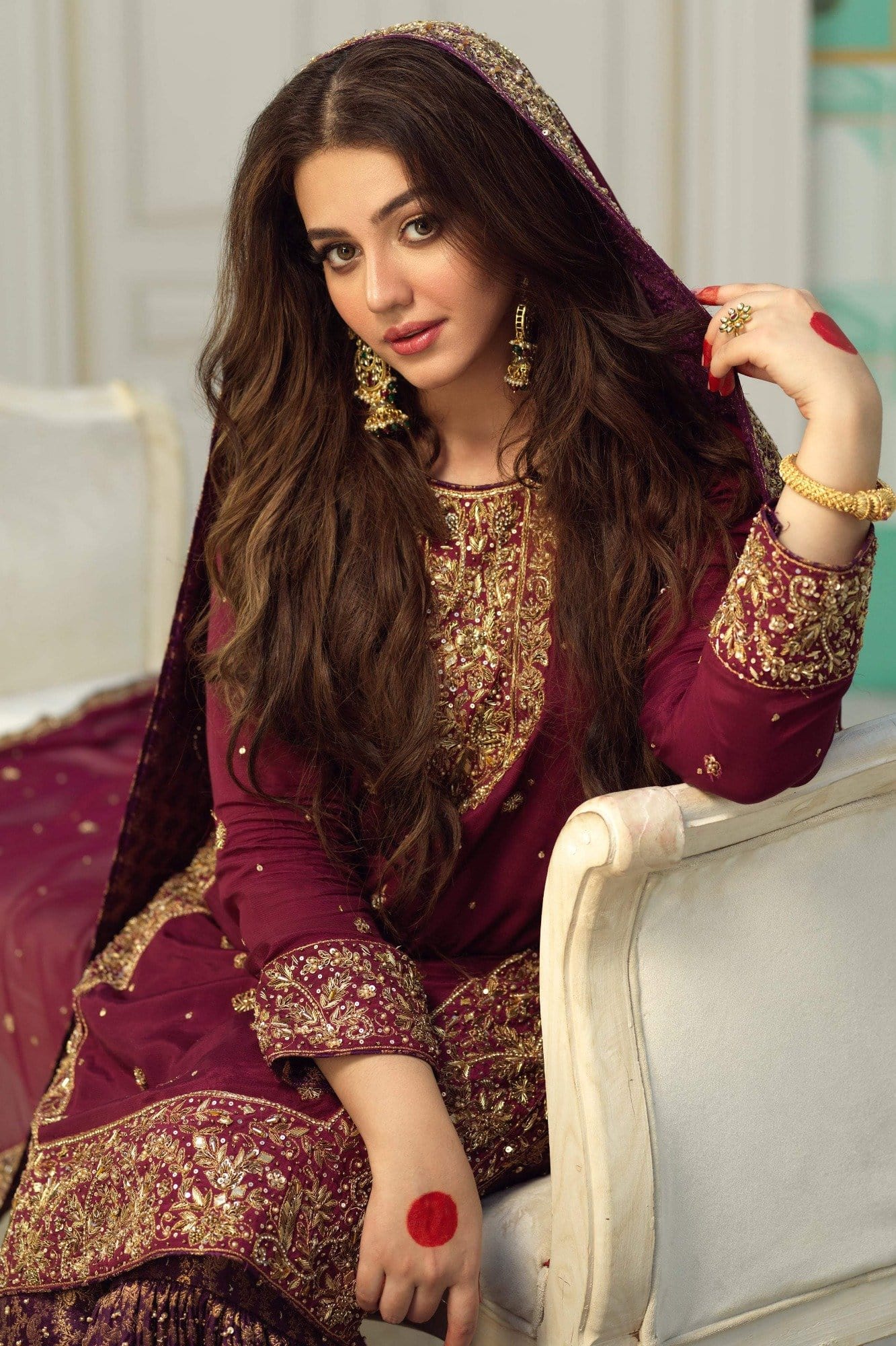 Pakistani Maroon Embellished Raw Silk Kameez with Plum Gharara (3-Piece) - Image 5