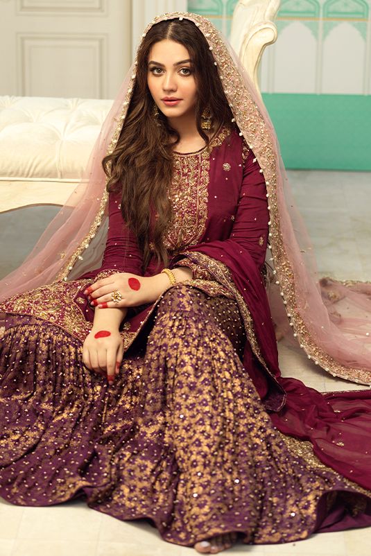 Pakistani Maroon Embellished Raw Silk Kameez with Plum Gharara (3-Piece) - Image 6