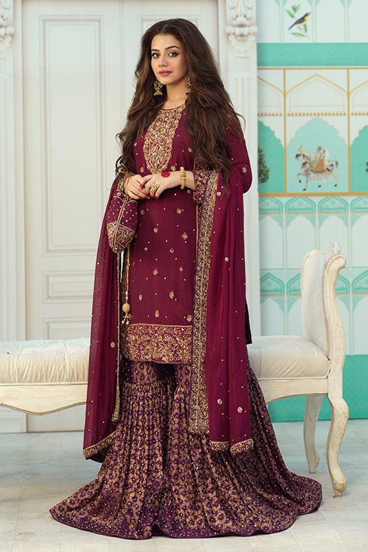 Maroon Embellished Raw Silk Kameez with Plum Banarasi Gharara (3-Piece) - Image 1