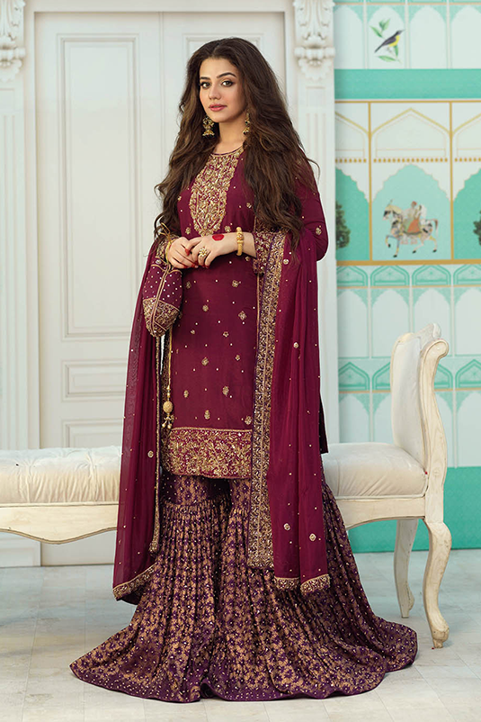 Maroon Embellished Raw Silk Kameez with Plum Banarasi Gharara (3-Piece) - Image 2