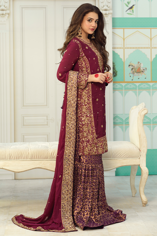 Maroon Embellished Raw Silk Kameez with Plum Banarasi Gharara (3-Piece) - Image 3