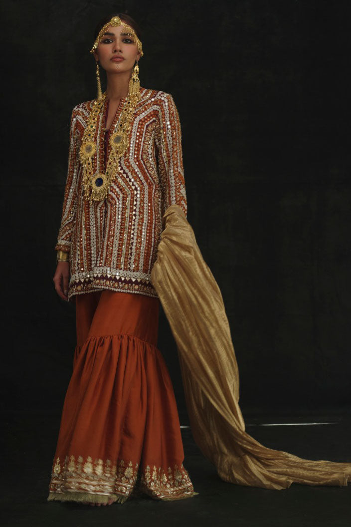 Pakistani Rust Embroidered Raw Silk Ajkan & Gharara (3-Piece) - Image 1