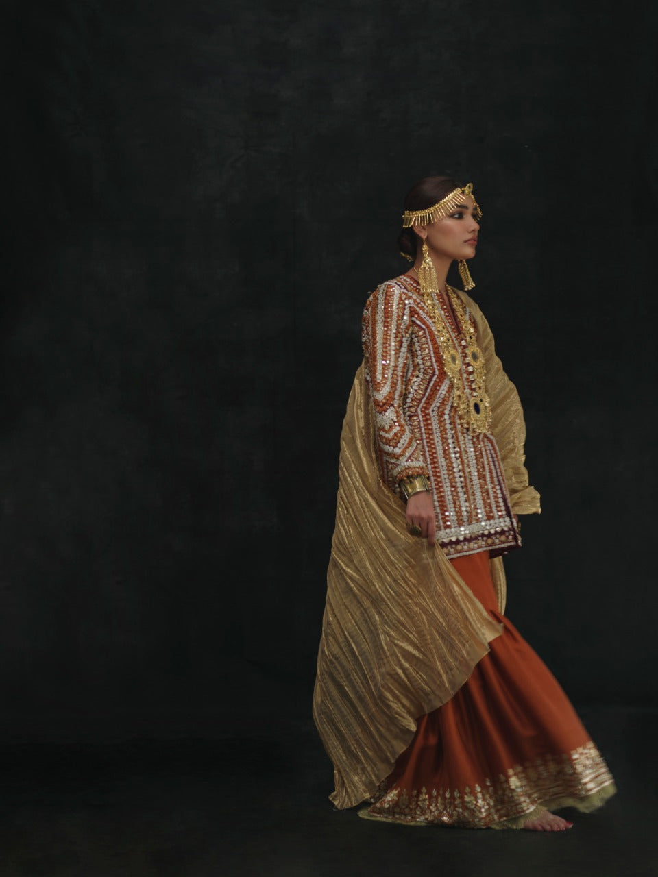 Pakistani Rust Embroidered Raw Silk Ajkan & Gharara (3-Piece) - Image 4