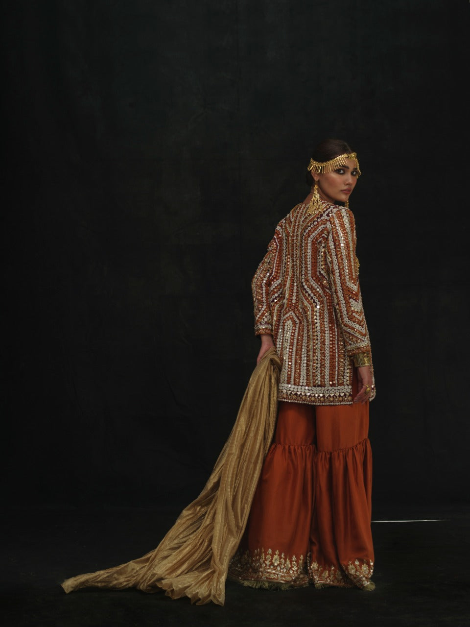 Pakistani Rust Embroidered Raw Silk Ajkan & Gharara (3-Piece) - Image 5