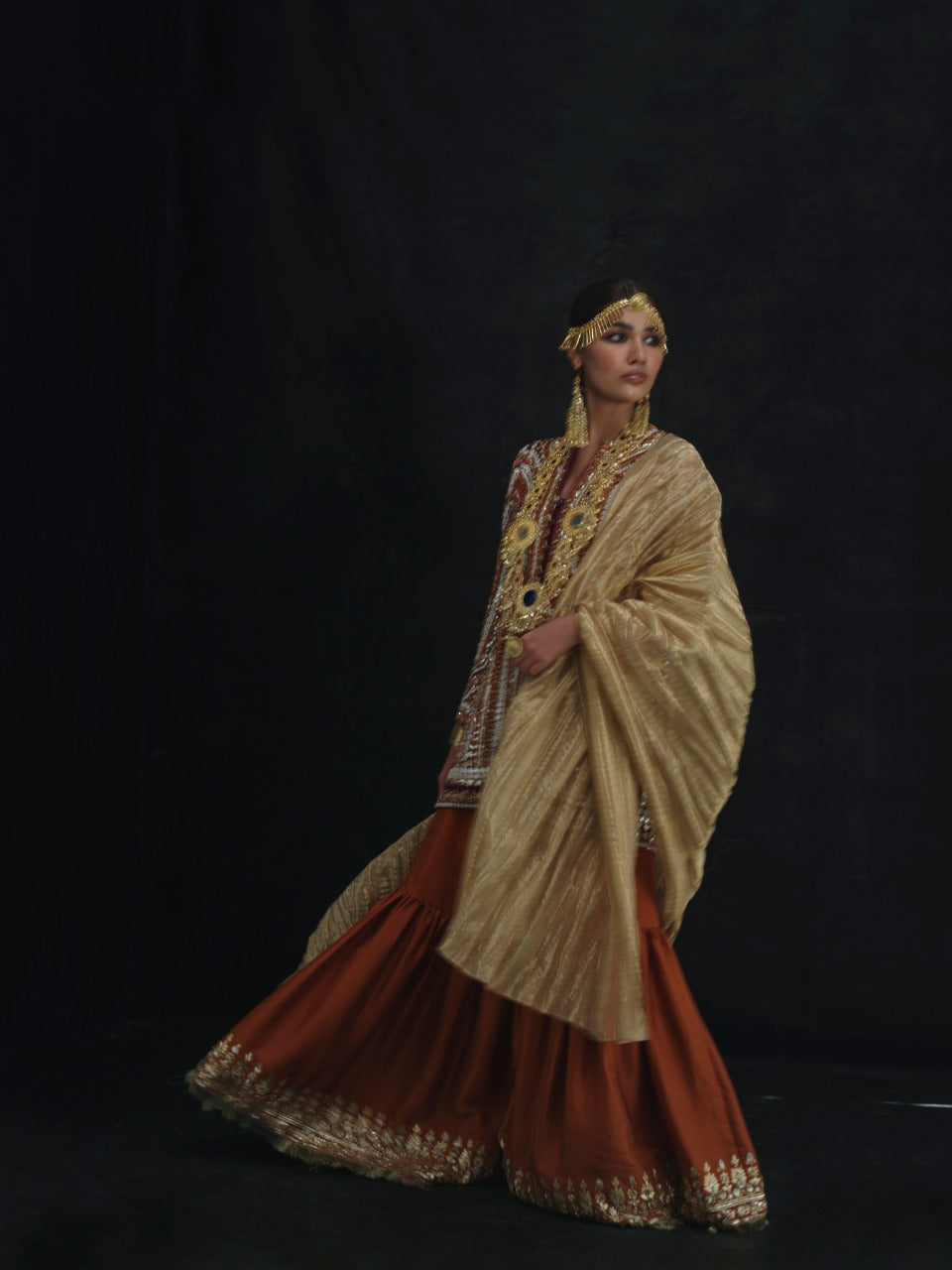 Pakistani Rust Embroidered Raw Silk Ajkan & Gharara (3-Piece) - Image 6