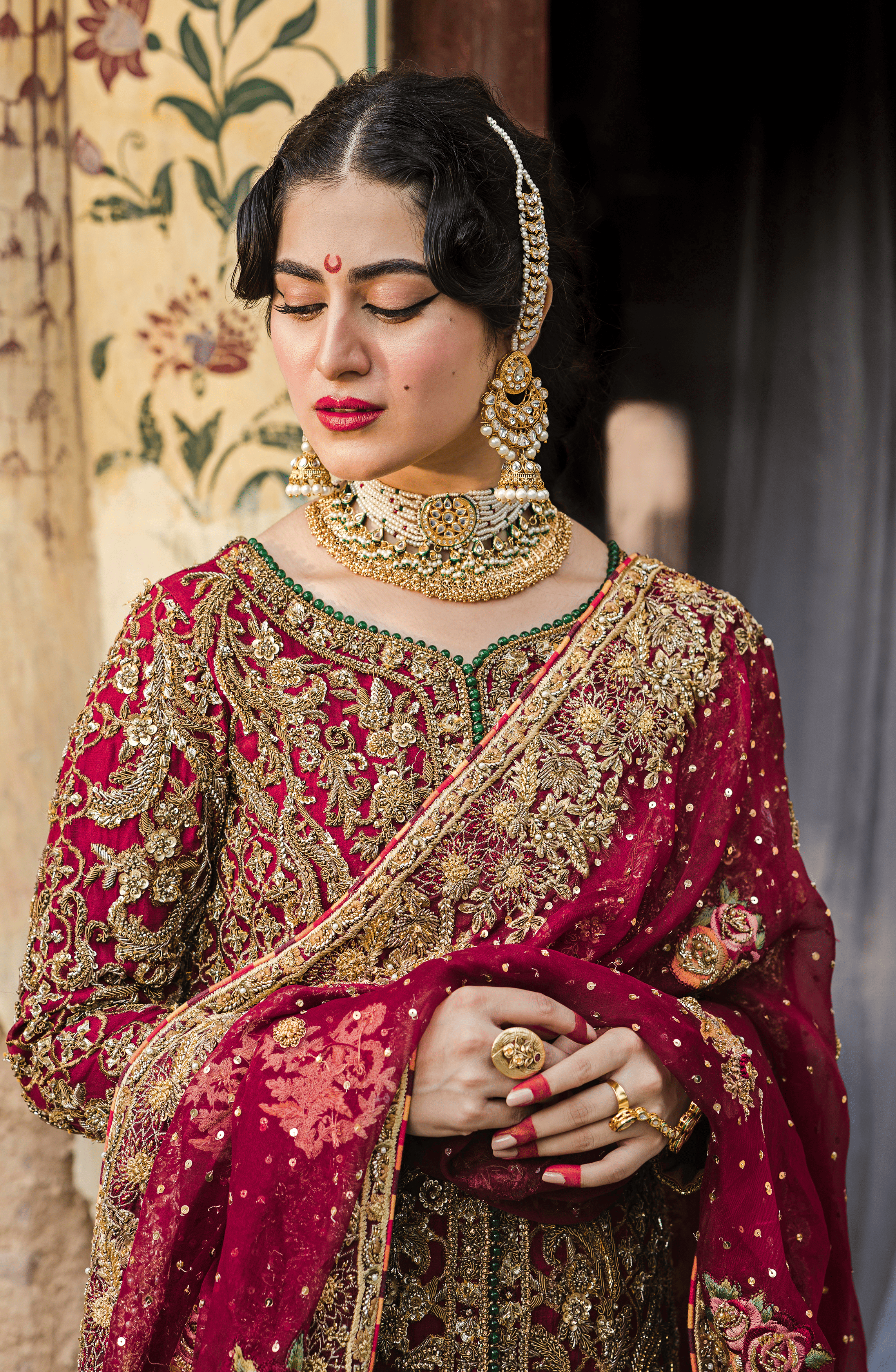 Maroon Embroidered Silk Bridal Gharara Set (3-Piece) - Image 2