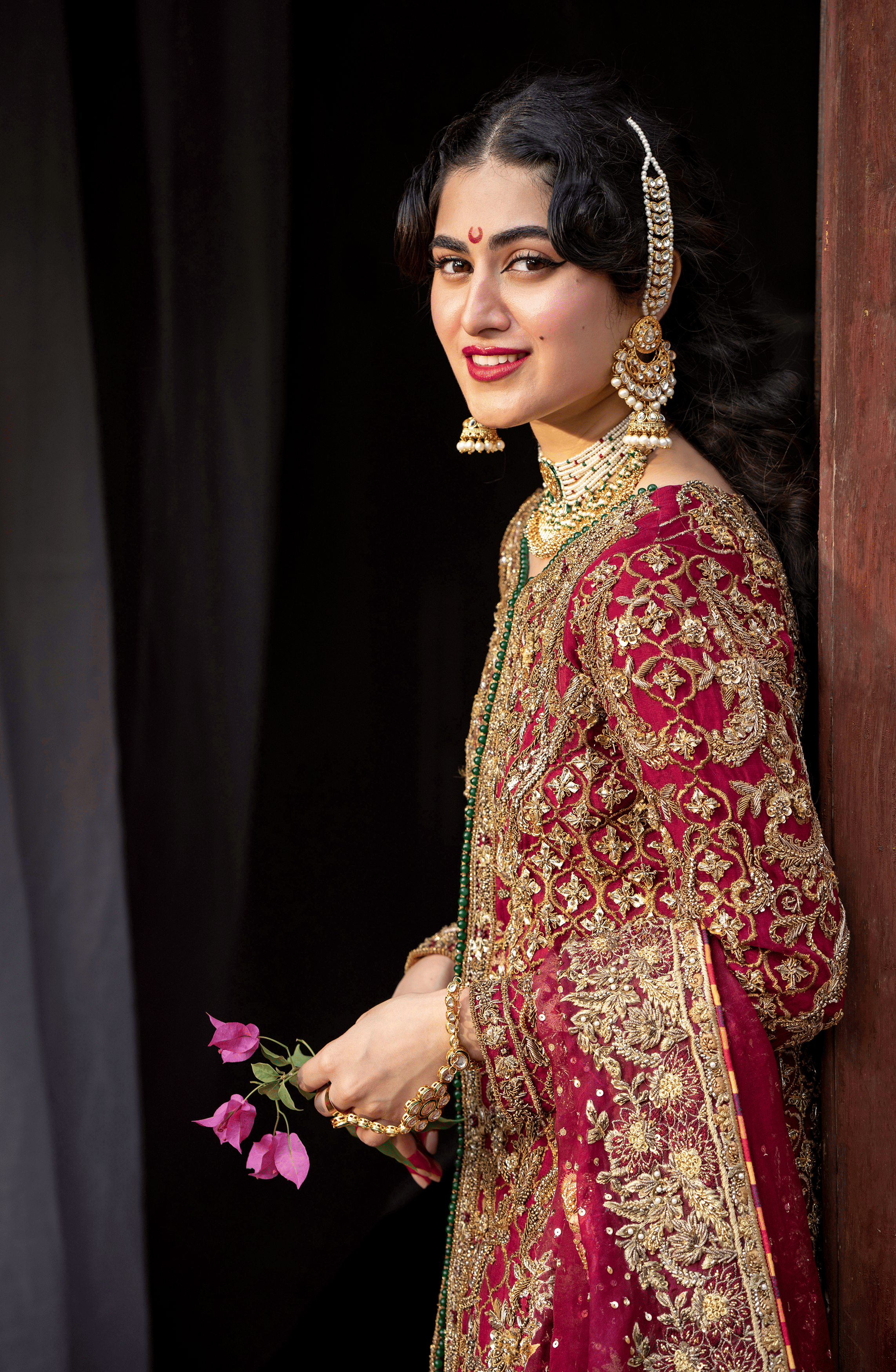 Maroon Embroidered Silk Bridal Gharara Set (3-Piece) - Image 3