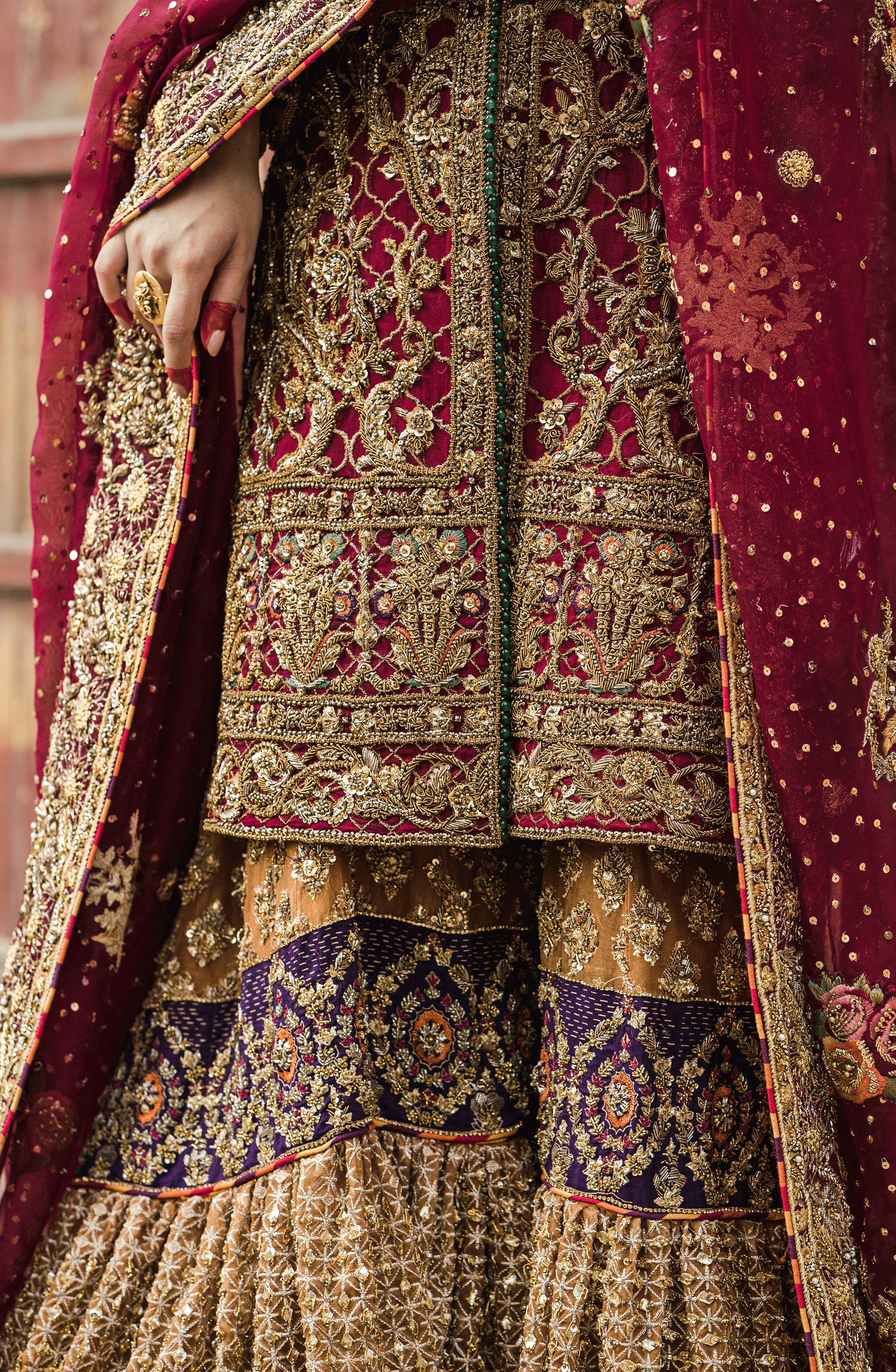 Maroon Embroidered Silk Bridal Gharara Set (3-Piece) - Image 4