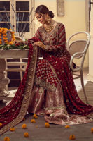 Deep Maroon Embroidered Silk Net Bridal Gharara (3-Piece) - Image 5