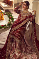 Deep Maroon Embroidered Silk Net Bridal Gharara (3-Piece) - Image 7