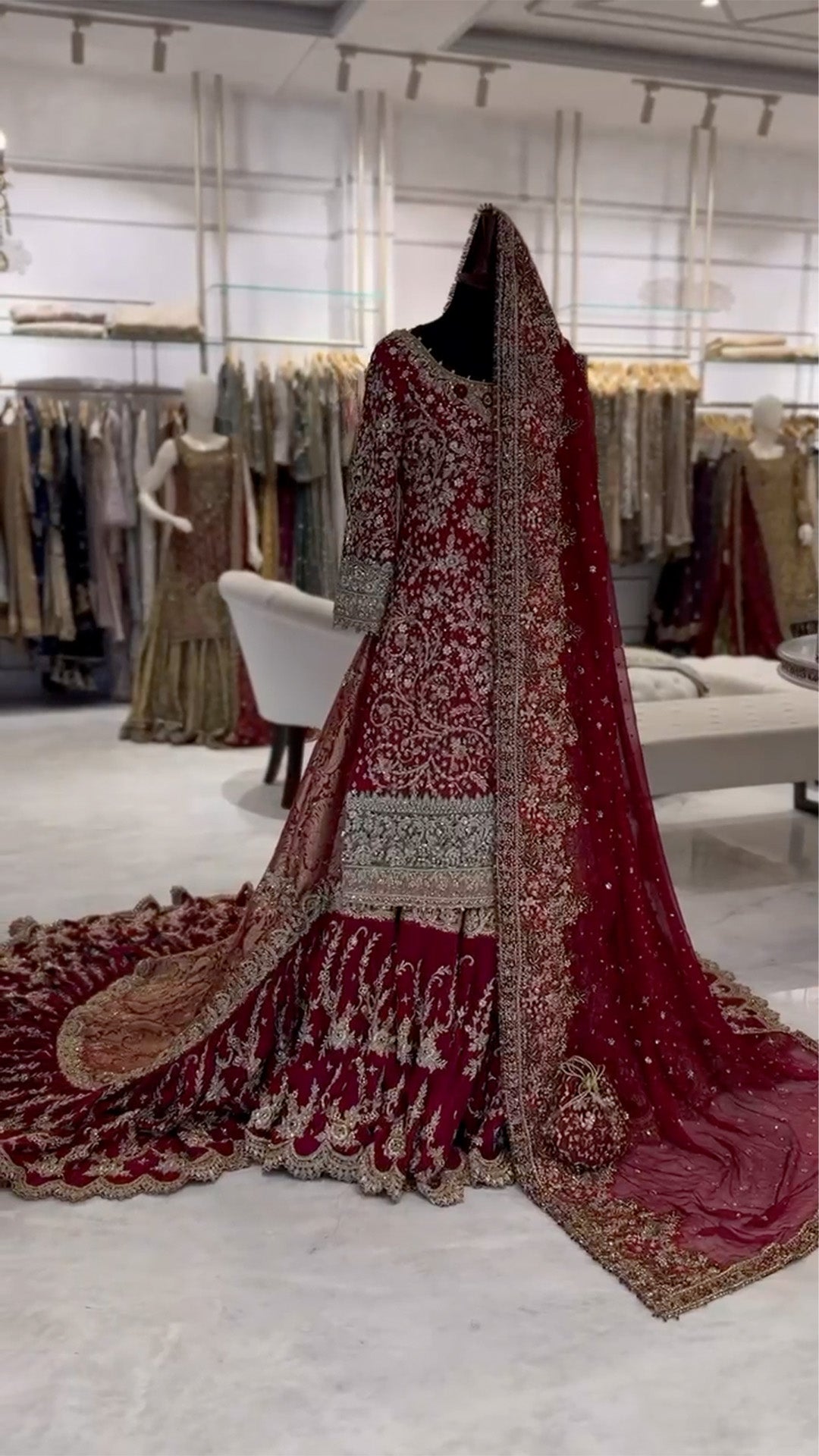 Pakistani Deep Maroon Embroidered Silk Farshi Gharara (3-Piece) - Image 1