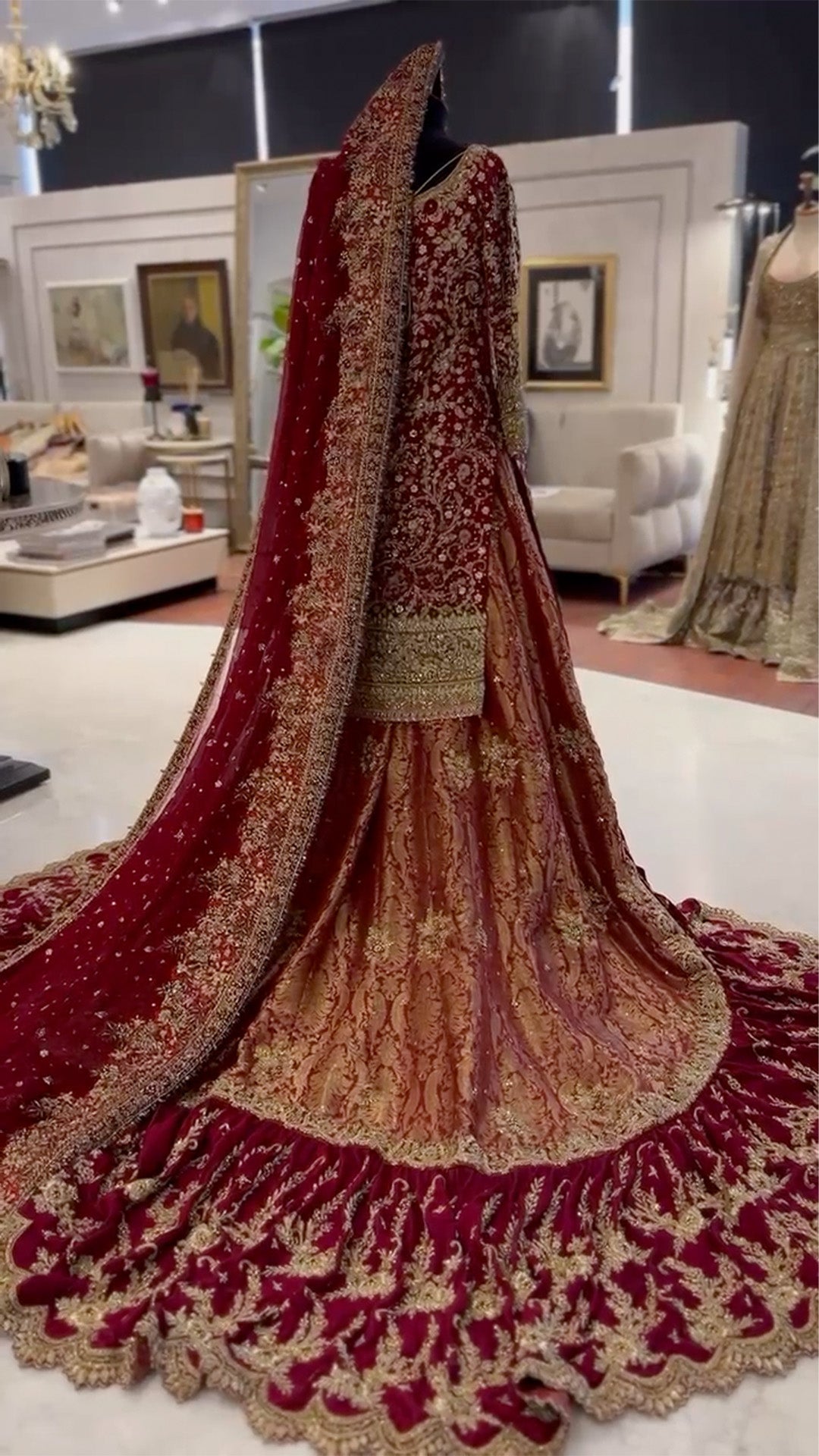 Pakistani Deep Maroon Embroidered Silk Farshi Gharara (3-Piece) - Image 2