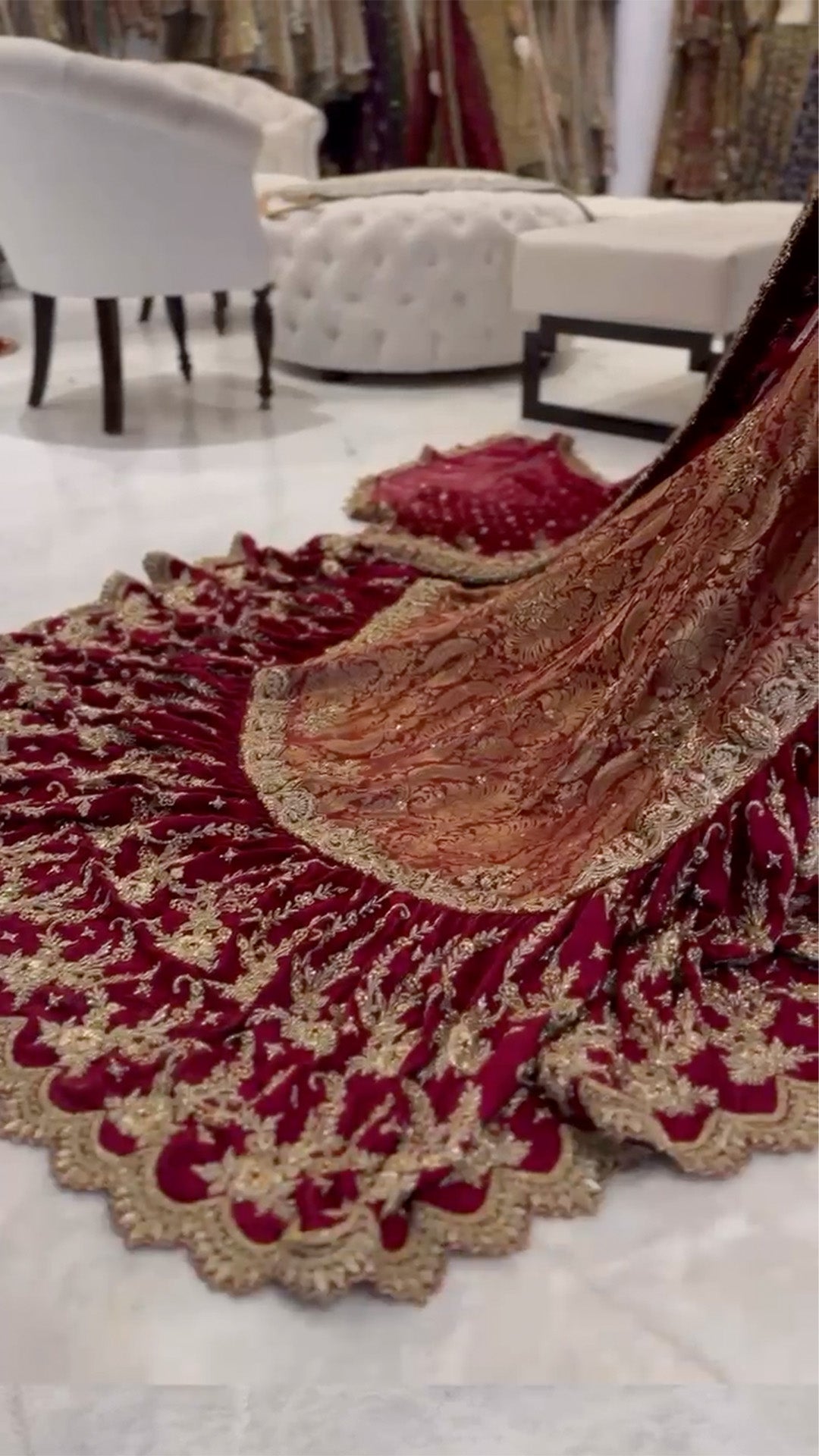 Pakistani Deep Maroon Embroidered Silk Farshi Gharara (3-Piece) - Image 3