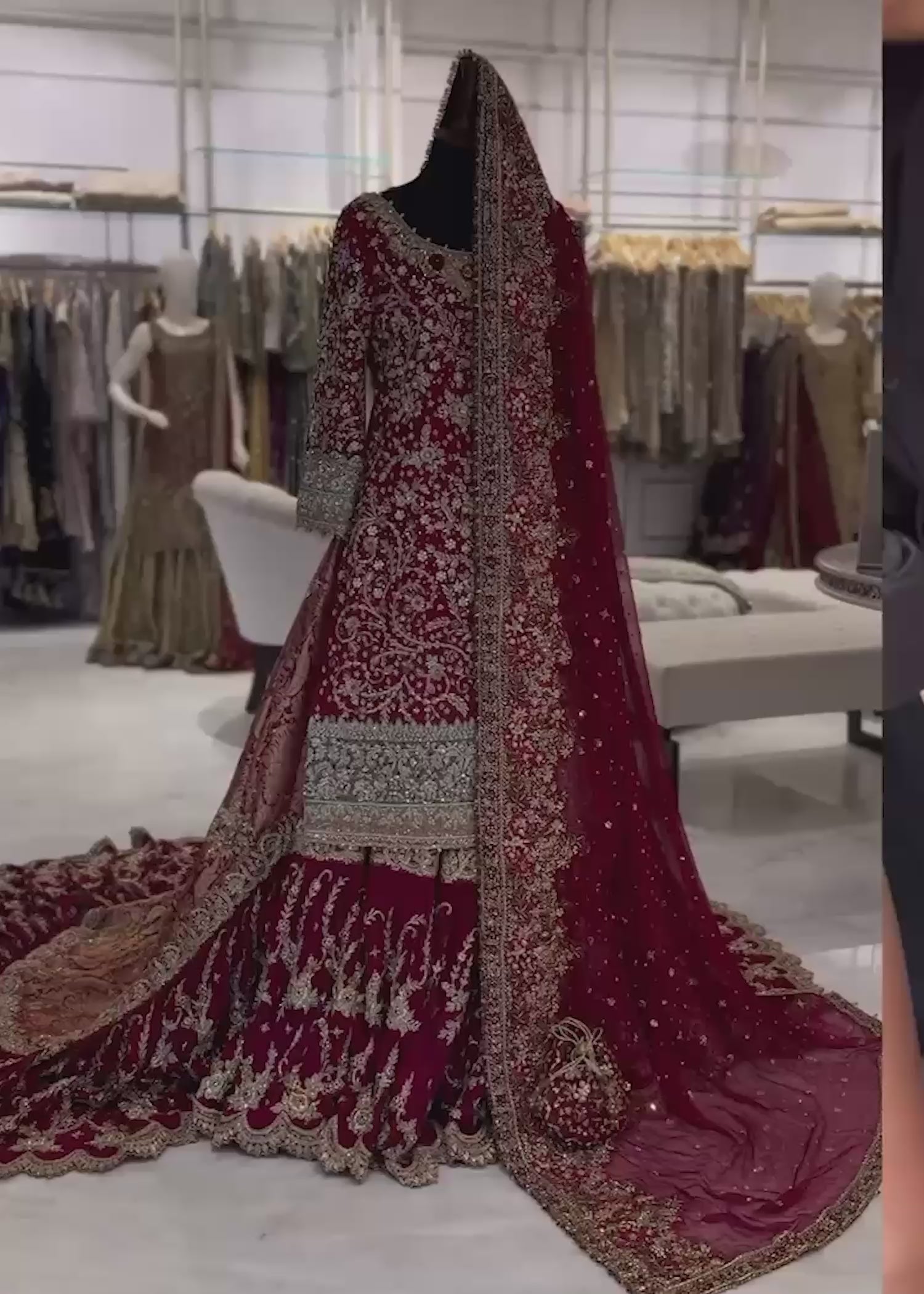 Pakistani Deep Maroon Embroidered Silk Farshi Gharara (3-Piece) - Image 4