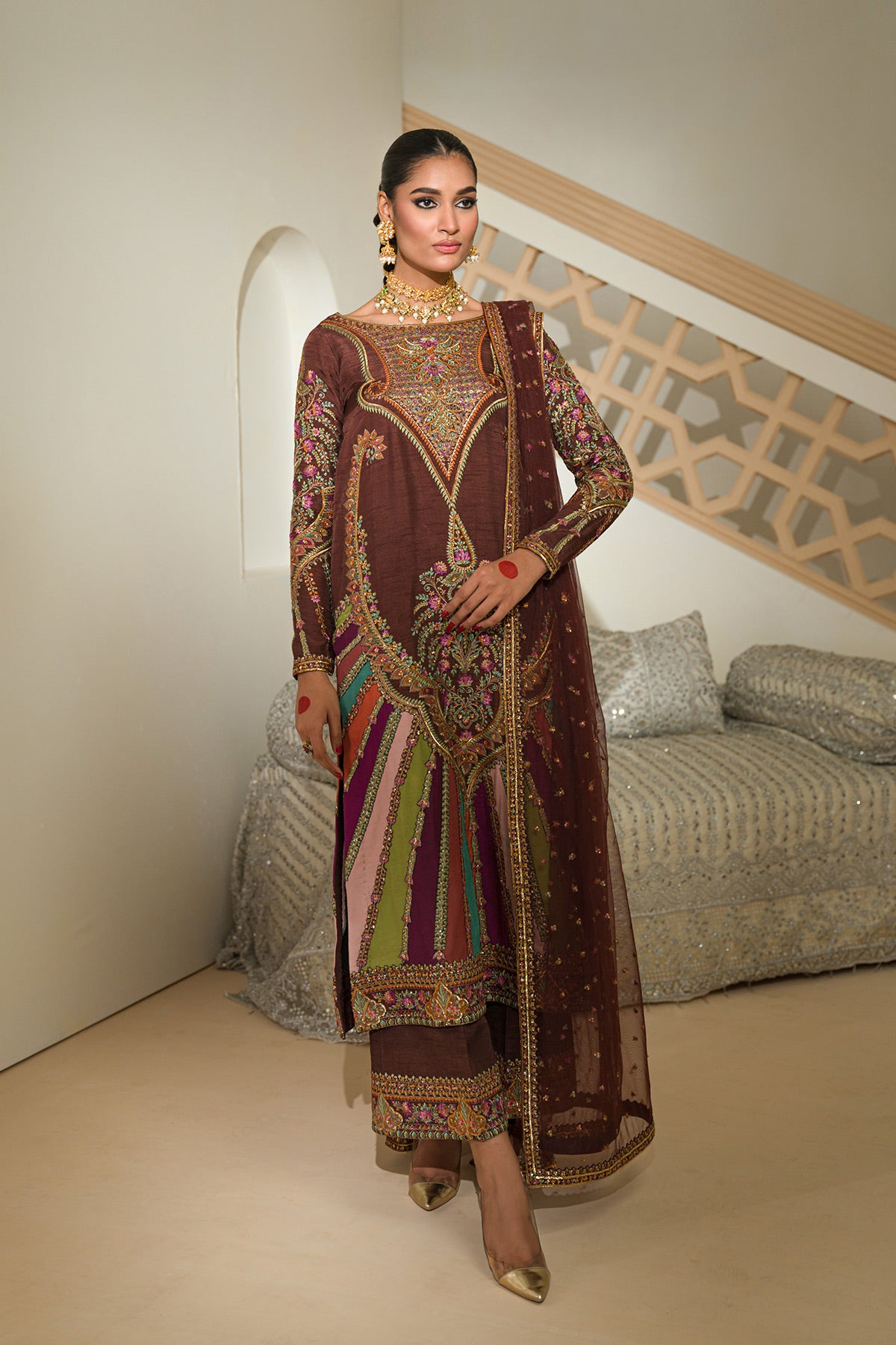 Pakistani Deep Maroon Embroidered Silk & Net Gharara (3-Piece) - Image 1