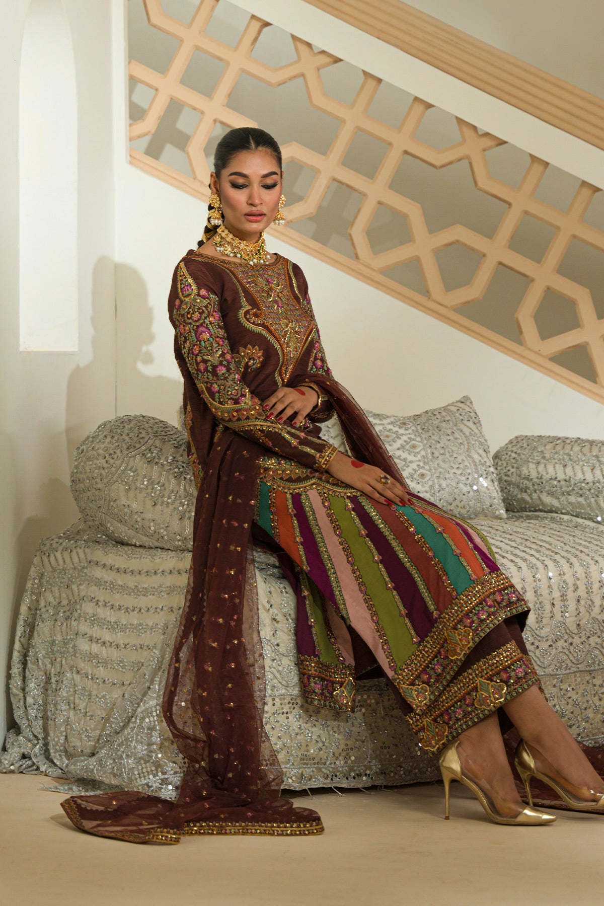 Pakistani Deep Maroon Embroidered Silk & Net Gharara (3-Piece) - Image 3