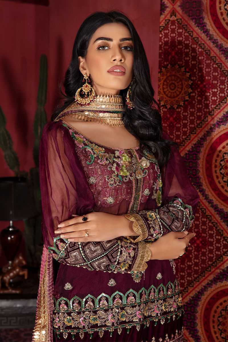 Pakistani Maroon Embellished Silk Velvet Gharara Set (3-Piece) - Image 1