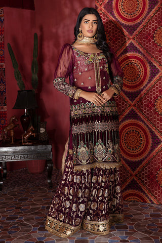 Pakistani Maroon Embellished Silk Velvet Gharara Set (3-Piece) - Image 4