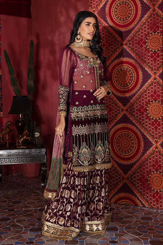 Pakistani Maroon Embellished Silk Velvet Gharara Set (3-Piece) - Image 5