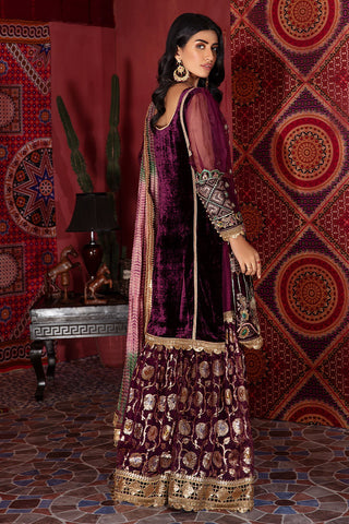 Pakistani Maroon Embellished Silk Velvet Gharara Set (3-Piece) - Image 6