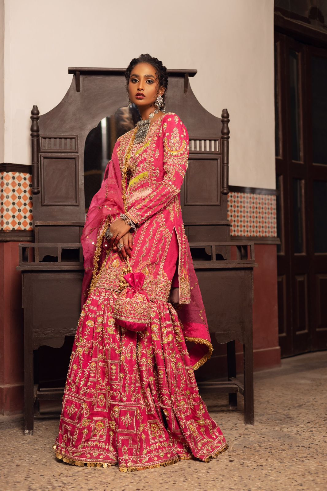 Pakistani Deep Mehroon Embroidered Silk Gharara (3-Piece) - Image 1