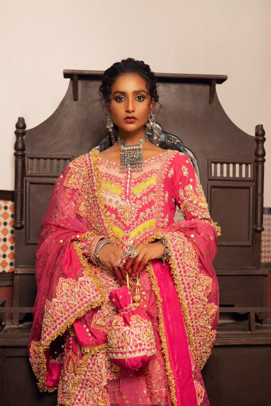 Pakistani Deep Mehroon Embroidered Silk Gharara (3-Piece) - Image 2