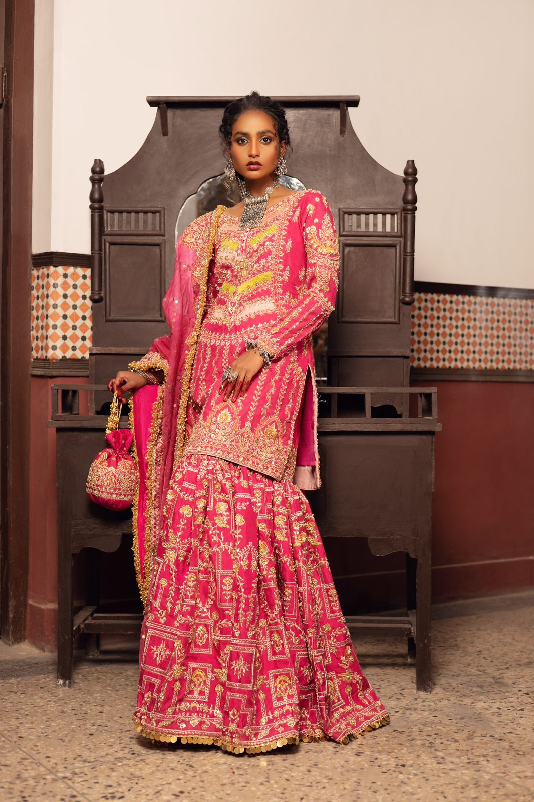 Pakistani Deep Mehroon Embroidered Silk Gharara (3-Piece) - Image 3