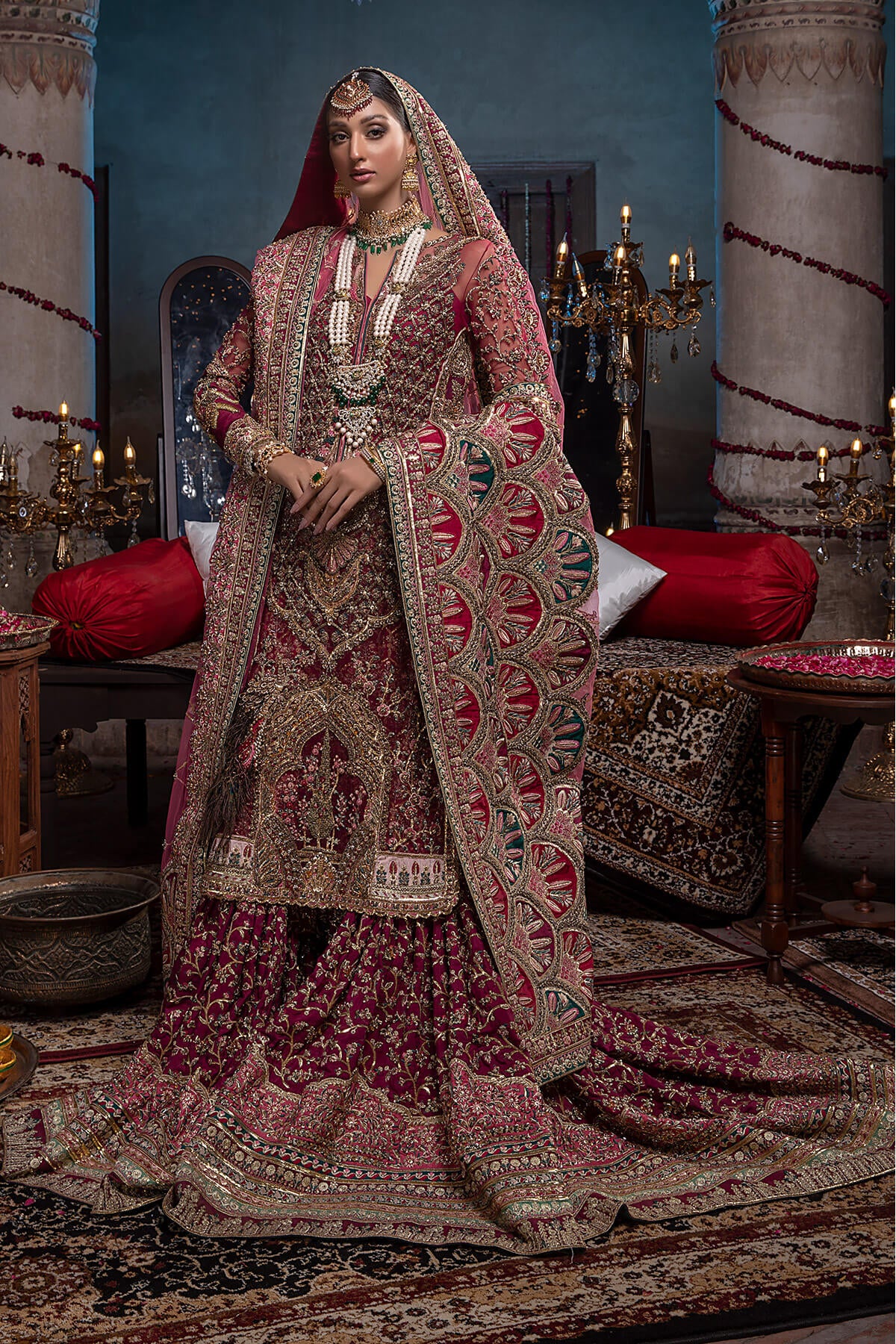 Pakistani Deep Maroon Zardozi Silk & Net Farshi Gharara (3-Piece) - Image 1