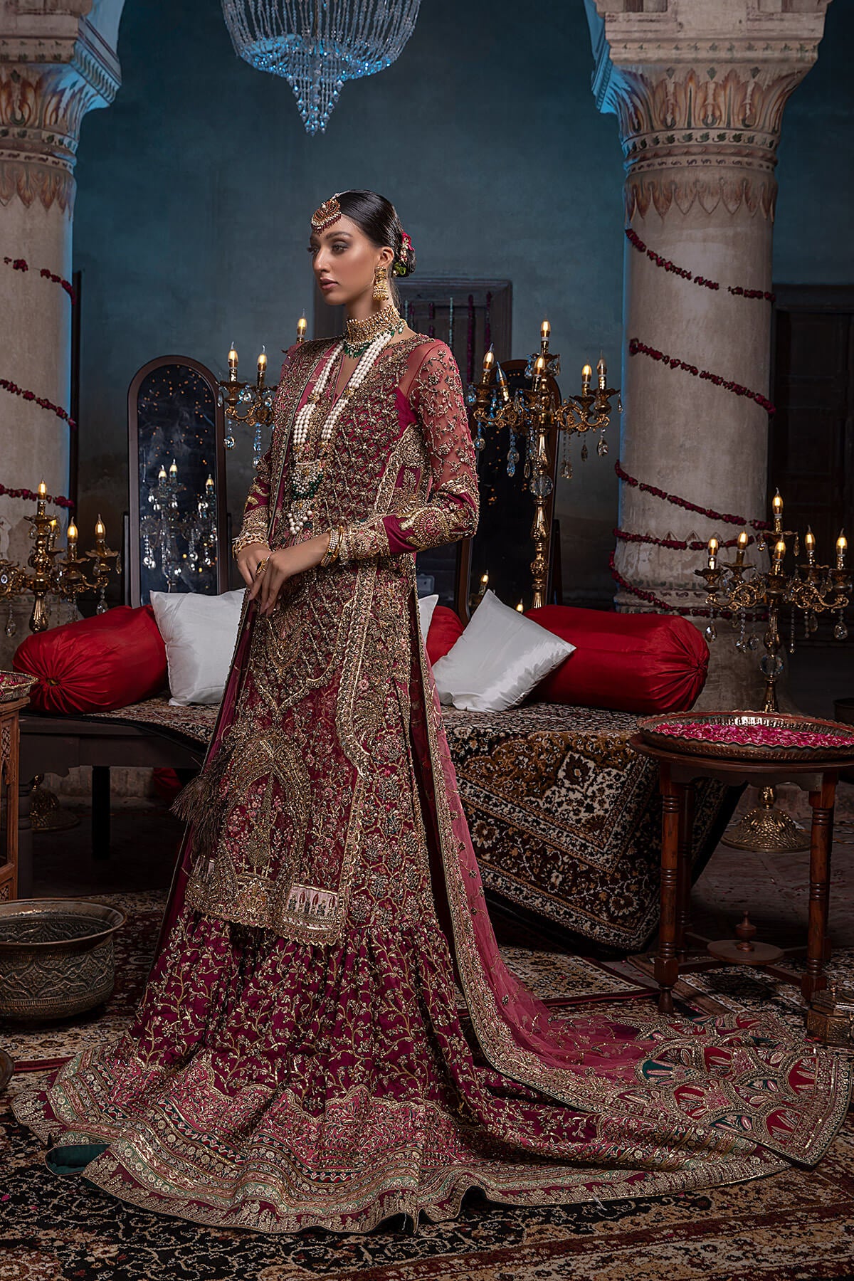 Pakistani Deep Maroon Zardozi Silk & Net Farshi Gharara (3-Piece) - Image 2