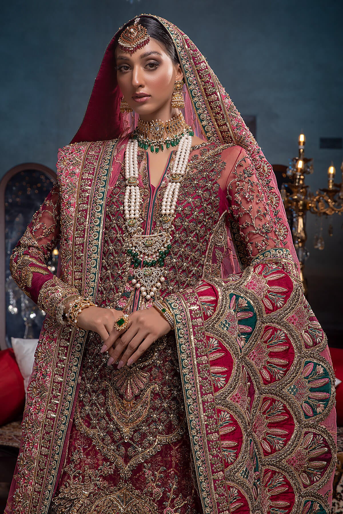 Pakistani Deep Maroon Zardozi Silk & Net Farshi Gharara (3-Piece) - Image 3