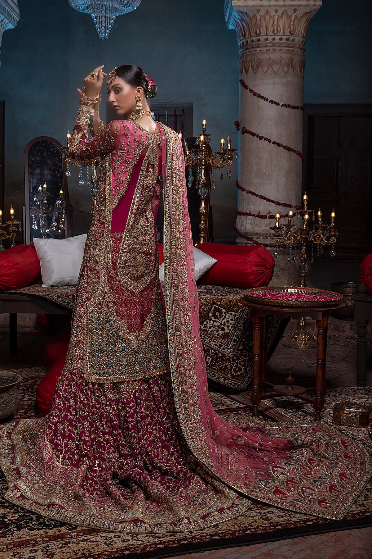 Pakistani Deep Maroon Zardozi Silk & Net Farshi Gharara (3-Piece) - Image 4
