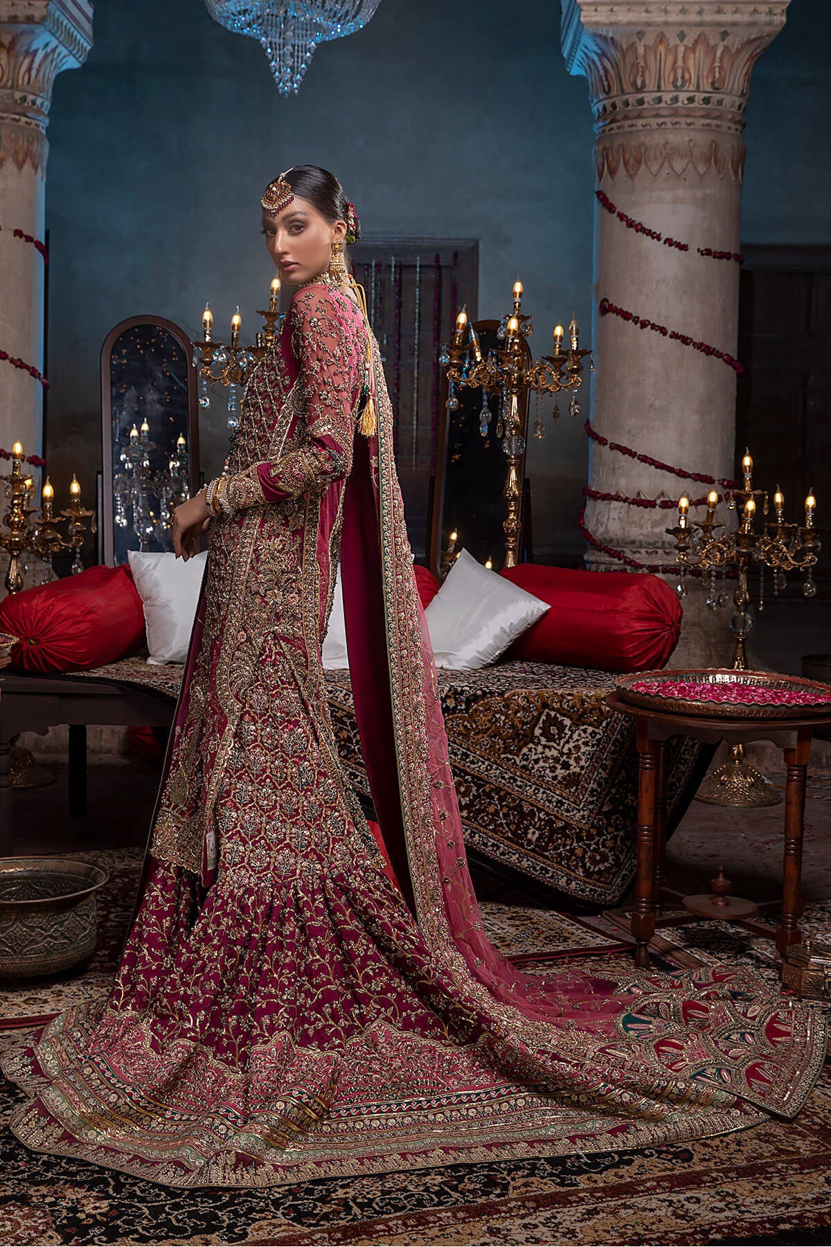 Pakistani Deep Maroon Zardozi Silk & Net Farshi Gharara (3-Piece) - Image 5