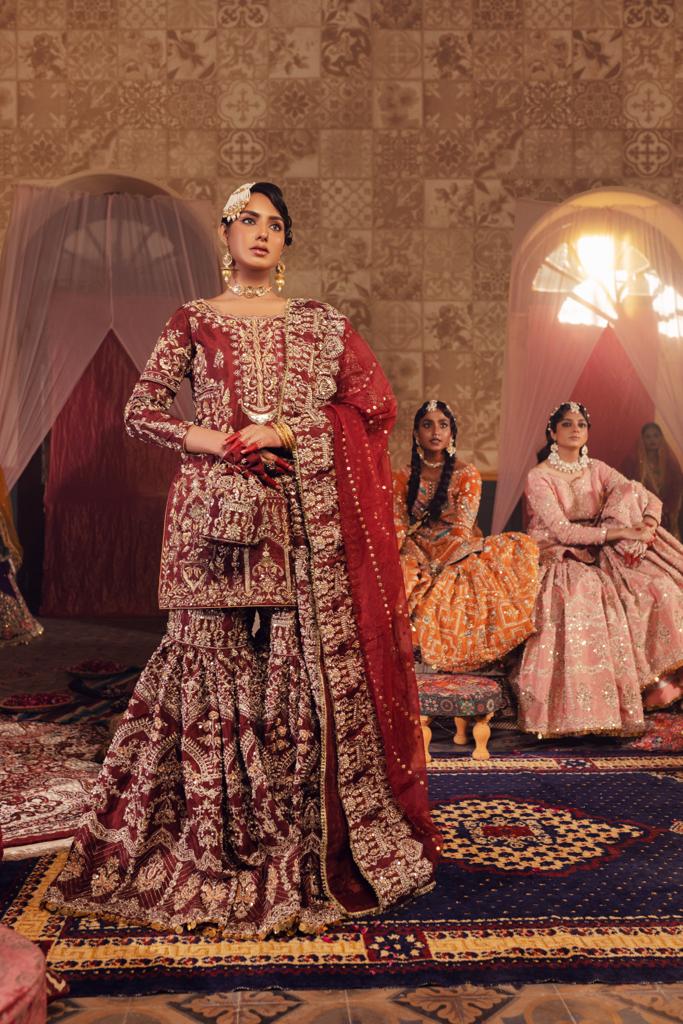 Pakistani Deep Maroon Zardozi Silk Gharara Set (3-Piece) - Image 1